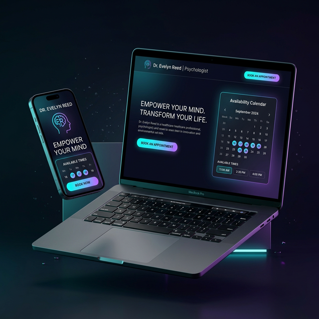 Mockup de landing page profesional con sistema de agendamiento en laptop y smartphone